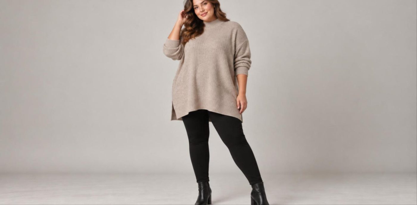 Γυναίκα με μεγάλα μεγέθη με κολάν και oversized πλεκτή μπλούζα