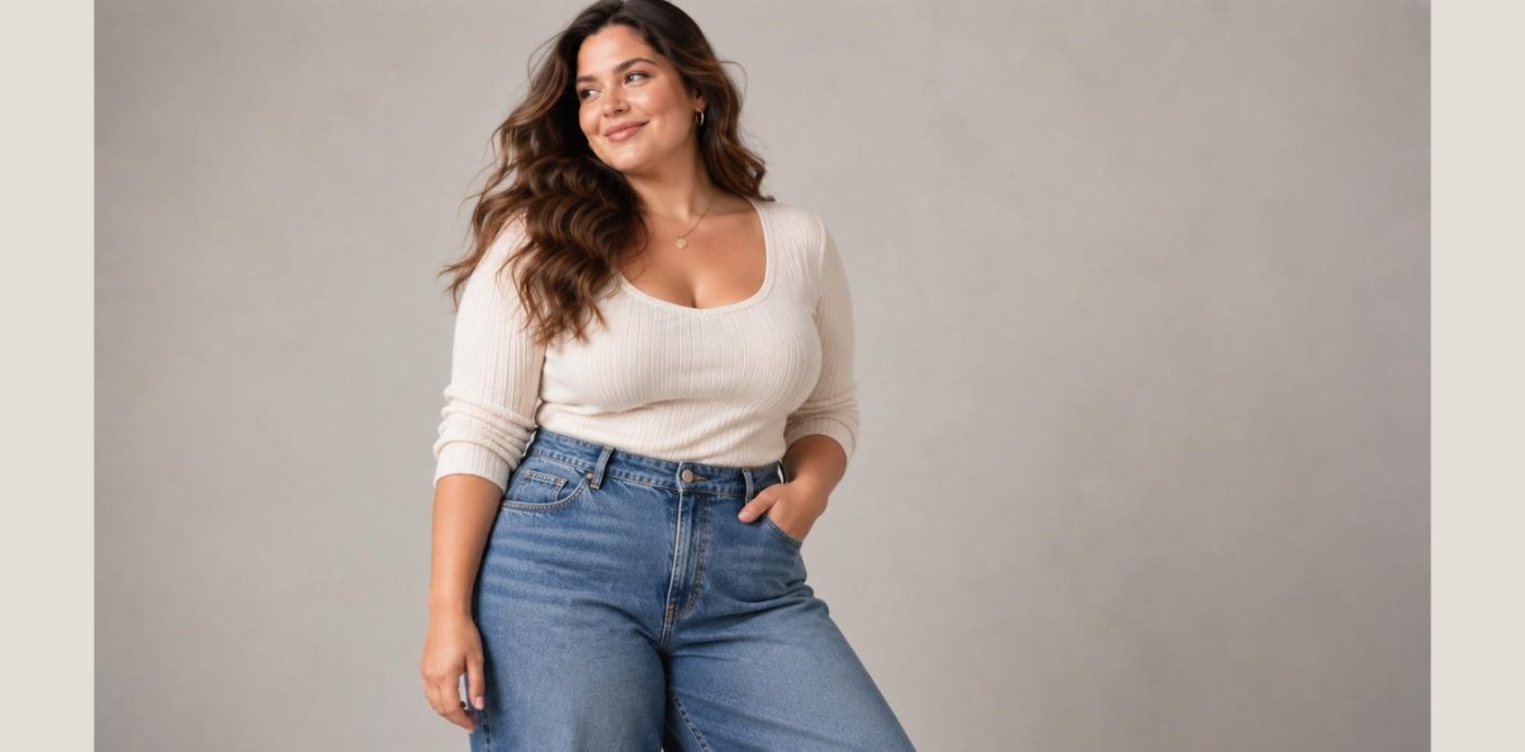 Γυναίκα με μεγάλα μεγέθη με wide leg τζιν παντελόνι