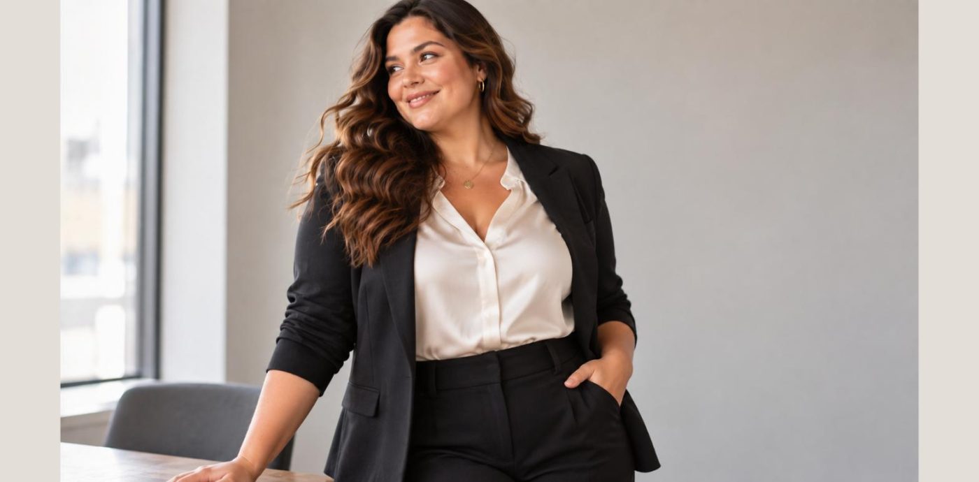 Γυναίκα με μεγάλα μεγέθη με office look, μαύρο κοστούμι και σατέν πουκάμισο